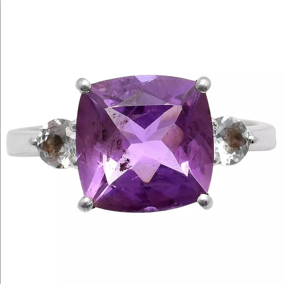 Cushion cut faceted Brazilian Amethyst silver rings 7.5 - Picture 3 of 4